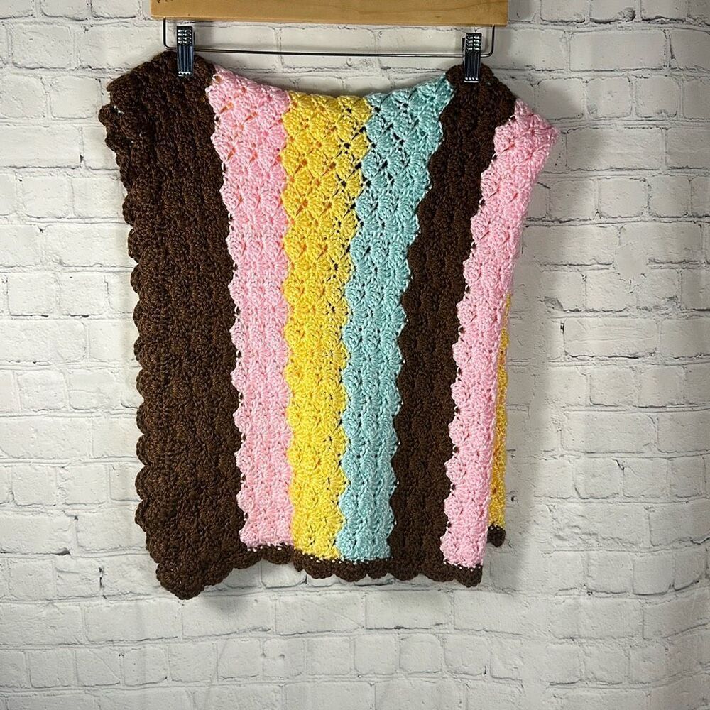 Super Soft Crocheted Baby‎ Blanket Brown Pink Yellow 42” x 33”
